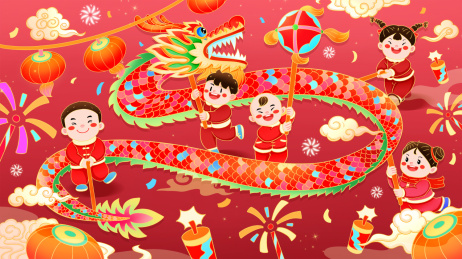 喜庆中国风新年福娃舞龙插画