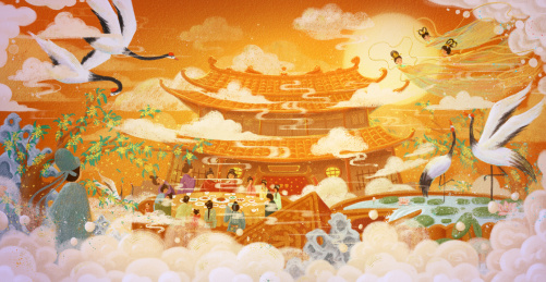 中秋节月下宫殿团圆