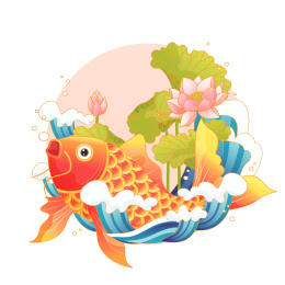 国潮风锦鲤荷花年年有余矢量插画