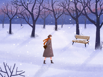 少女穿过树林大雪节气肌理插画
