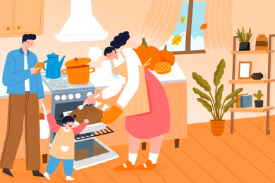 感恩节家人烤鸡矢量插画