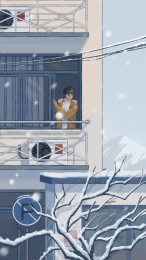 冬季居民楼内男孩窗前看雪插画