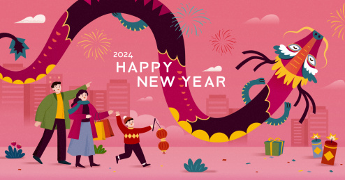 粉色欢乐家庭逛街与翱翔的东方龙春节贺卡