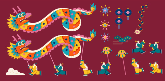 剪纸风农历新年传统舞龙元素集合