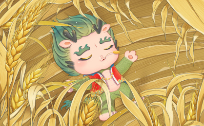 芒种节气龙宝躺在金色的小麦地里