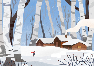 冬天的树林中一个人行走在雪地上向木屋走去