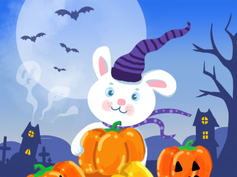 扁平风万圣节可爱兔子南瓜月亮枯卡通插画 