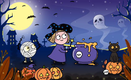 万圣节可爱女巫卡通手绘插画 背景素材