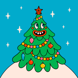 时髦的嬉皮士圣诞树　复古卡通插图