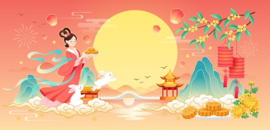 中秋节嫦娥兔子月亮桂花月饼等国潮风插画