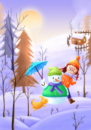 冬天女孩小狗在雪地上快乐的玩耍堆雪人插画