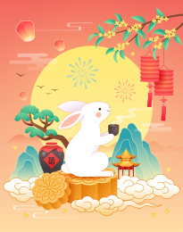 中秋节兔子月亮桂花月饼灯笼等国潮风插画