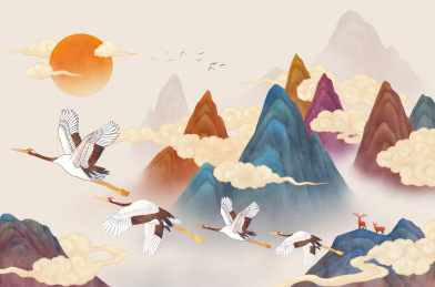 新中式古风古典山水仙鹤祥云山水画