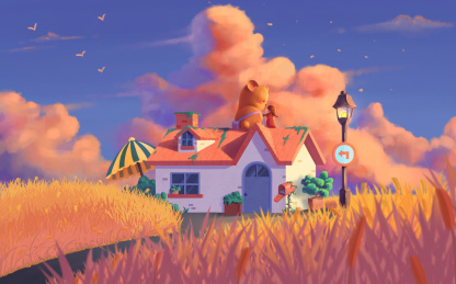 坐在乡间小屋顶谈心的朋友儿童插画