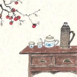 手绘中国风围炉煮茶插画二十四节气霜降