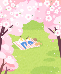 春天樱花树下情侣躺在草地上