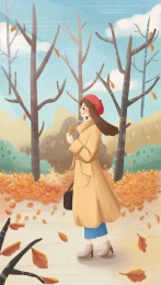 秋分立秋霜降立冬一秋冬节气女孩落叶插画
