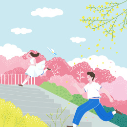 青春少年少女在春天里奔跑