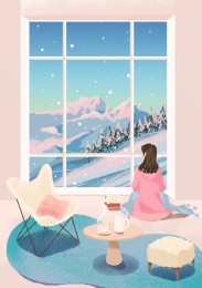 冬天女孩在室内窗边看雪看风景