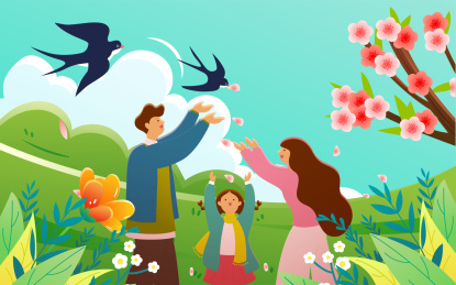 春暖花开一家人去户外赏桃花