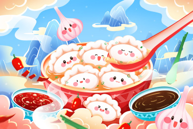 冬至立冬传统习俗美食水饺汤饺插画