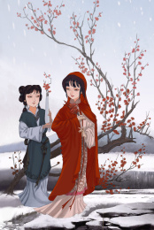 红衣美人蓝衣侍女踏雪寻梅古风插画