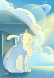 小猫在公交站等待看见了光治愈插画海报