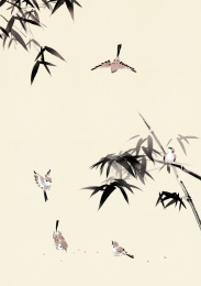 古典风格水墨国画一群在竹林中觅食的麻雀