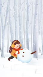 小女孩在大雪中堆雪人