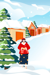 卡通冬季圣诞节大雪节气下雪雪景矢量插画