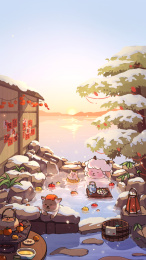 冬天夕阳下雪海边户外温泉围炉煮茶