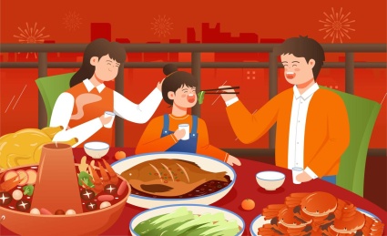 新年除夕一家人团圆年夜饭插画海报