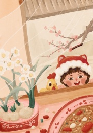 冬天小孩和鸡趴窗外看见一碗腊八粥和水仙花