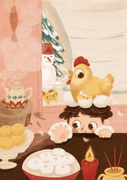 大寒冬天小孩头顶孵蛋母鸡拿祭灶甜食插画