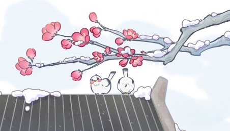 节气国潮冬天下雪屋顶小鸟梅花插画