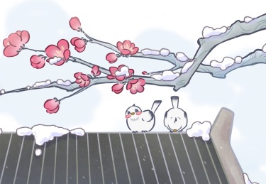 节气国潮冬天下雪屋顶小鸟梅花插画