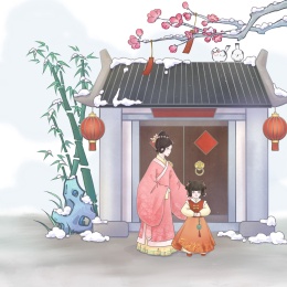 红色冬天下雪古风人物女子与儿童新年团圆