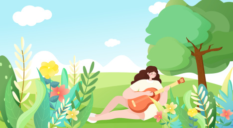 卡通立春露营春季踏青女孩弹吉他矢量插画