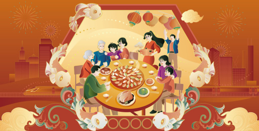一家人团圆饭节日喜庆国潮红色横幅城市插画