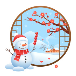 冬天雪人拿着冰糖葫芦和梅花雪景等矢量插画