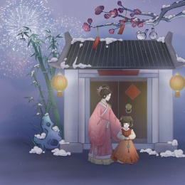 冬天下雪夜景古风人物女子与儿童新年烟花