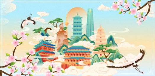 春天国风西安城市地标建筑彩色矢量插画