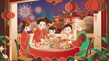 家人团圆聚餐中国节日红色插画