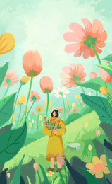 在春天里拿着花束在草地上行走的女孩插画