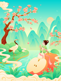 春天古装女孩和水果苹果国潮风景矢量插画
