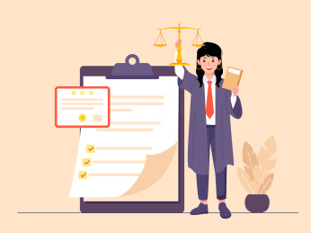 一个女律师手拿天平背后是审判书扁平插画