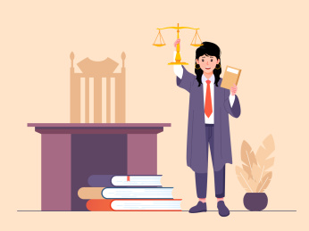 一个女律师手拿天平背后是审判桌扁平插画