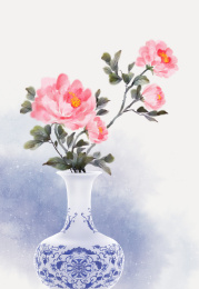 国风水墨牡丹花青花瓷插画装饰画