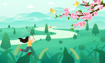 小女孩在春天捕捉蜻蜓的矢量插画