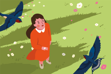 红裙少女站在草地上看着天上的燕子